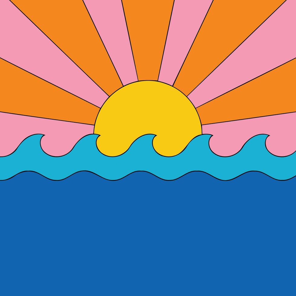 Retro Sunset Ocean Waves Graphic Illustration vector