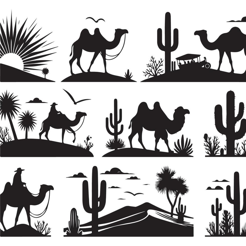 camels silhouette against a desert sunset with a safari landscape and wild animals vector