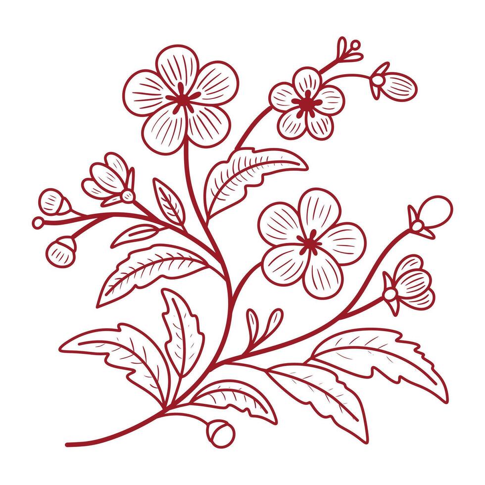 Minimalist Line Art Floral Illustration. Delicate Elegant Red Flower Branch with Blooms and Leaves, Traditional Asian Botanical Art Inspired Hand Drawn Drawing vector