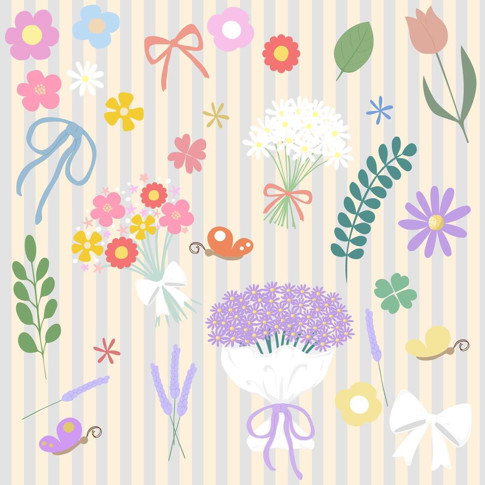 Flowers and floral elements include bouquets, single flowers, bows, leaves and butterflies on a striped background. The color tones are soft pastel, giving a gentle and unusual feel. vector