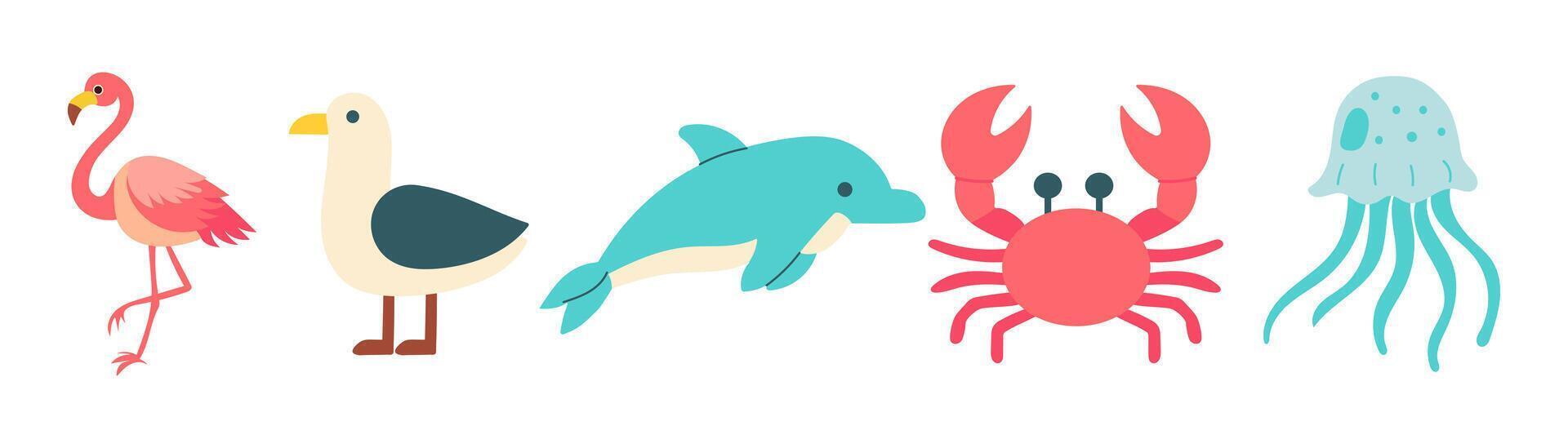 A row of sea creatures including a dolphin, a crab, a jellyfish, a seagull, and a flamingo vector