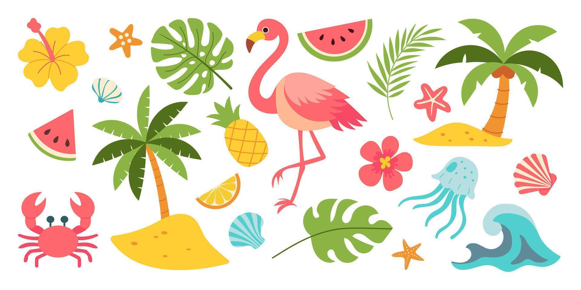 A colorful image of a tropical beach with a variety of sea creatures and plants. The image is full of bright colors and has a fun, playful vibe vector
