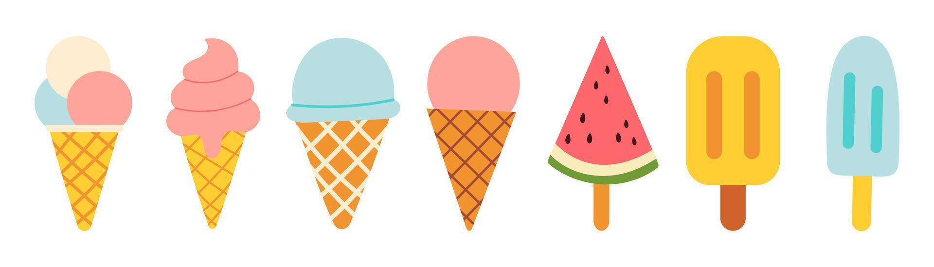 A row of cartoon ice cream cones and a watermelon popsicle. The ice cream cones are pink and blue, and the watermelon popsicle is green vector