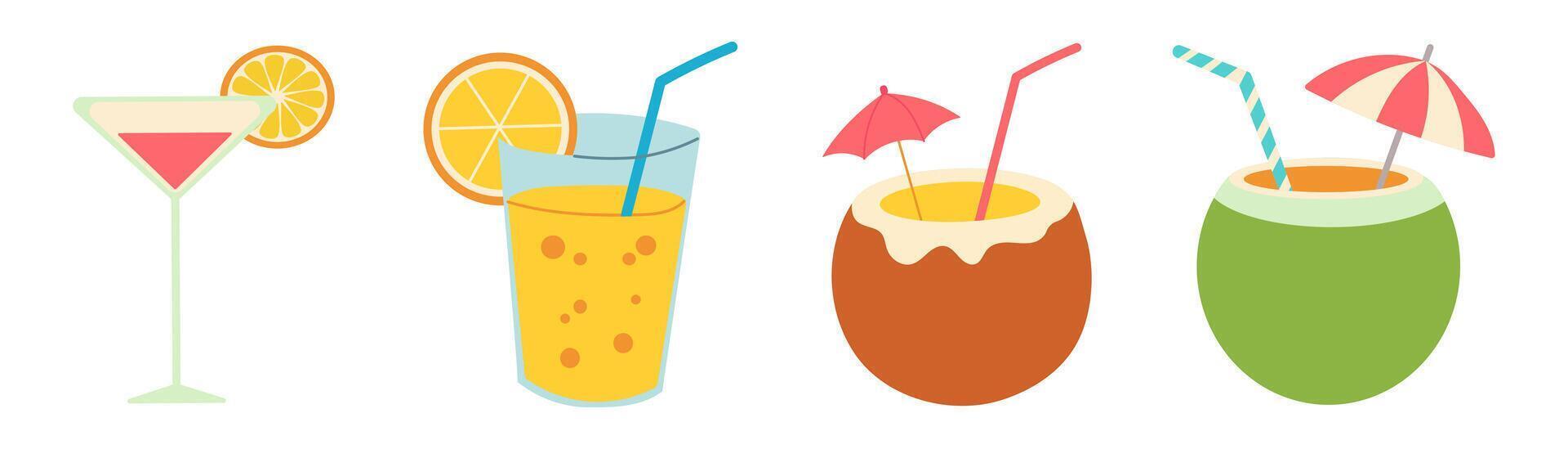Four tropical drinks with umbrellas and straws. One is a martini, one is a coconut drink, one is a juice, and one is a smoothie vector