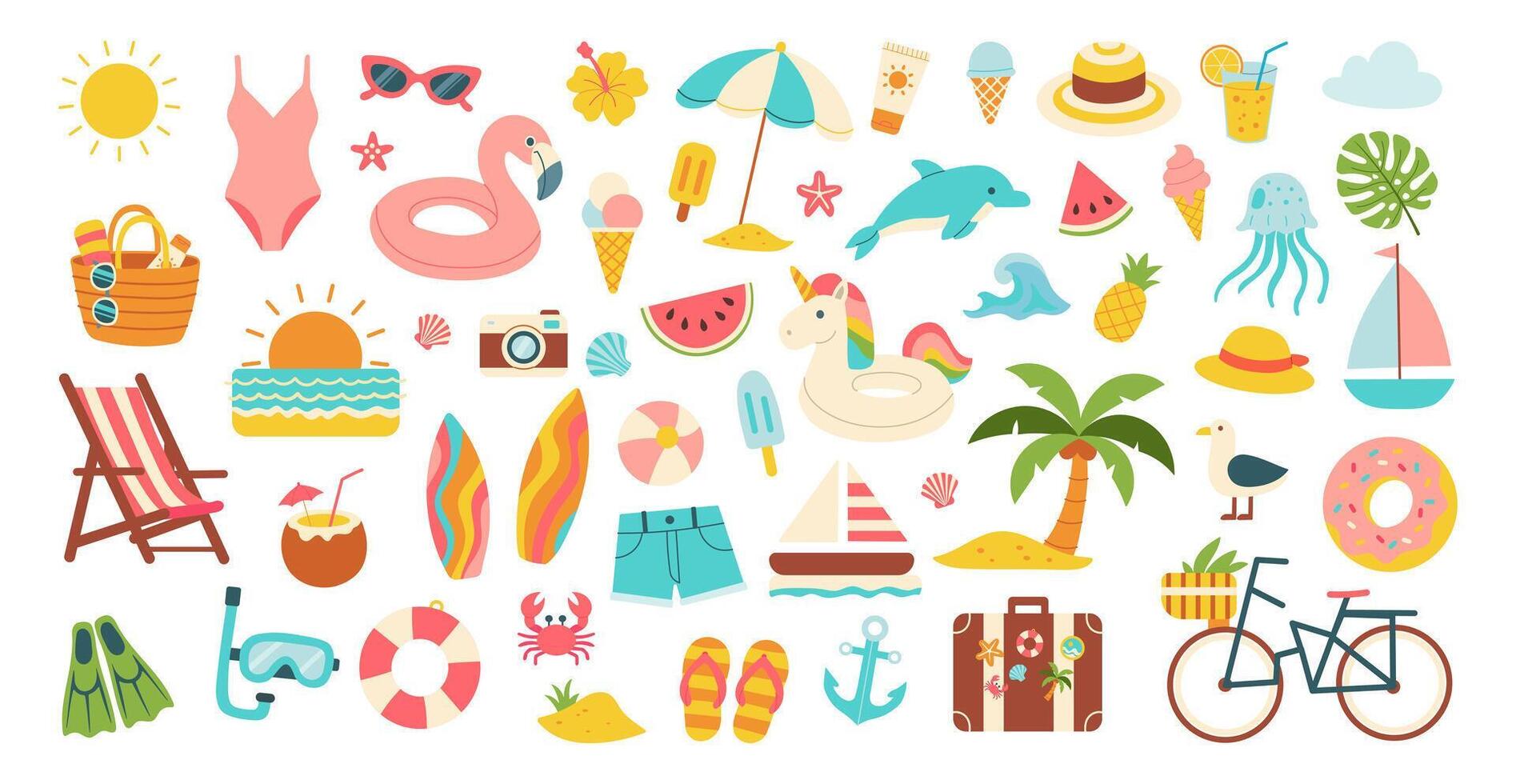 A collection of beach and pool items including a chair, a surfboard, a bicycle vector