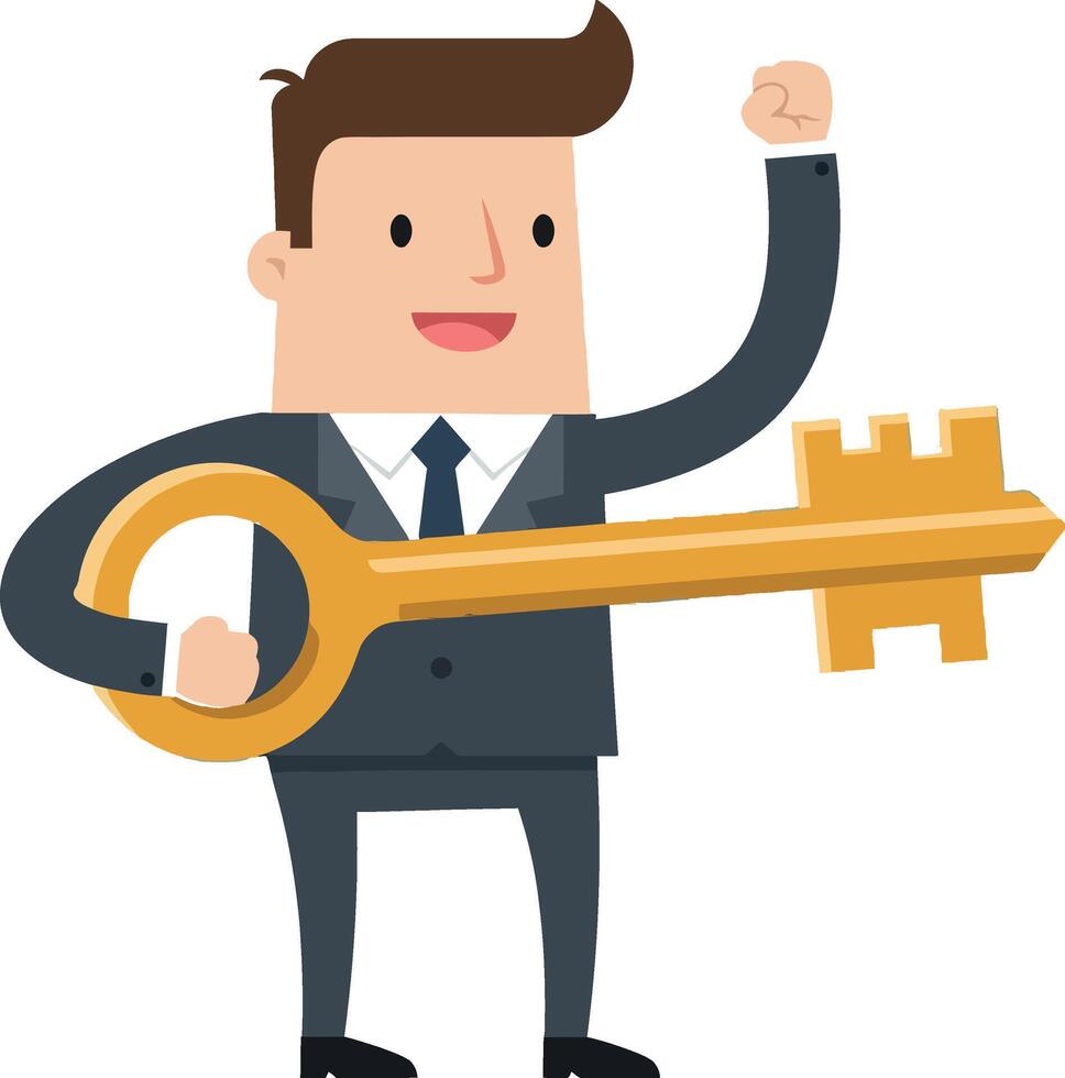 Businessman holding a large golden key in a confident pose, flat illustration vector