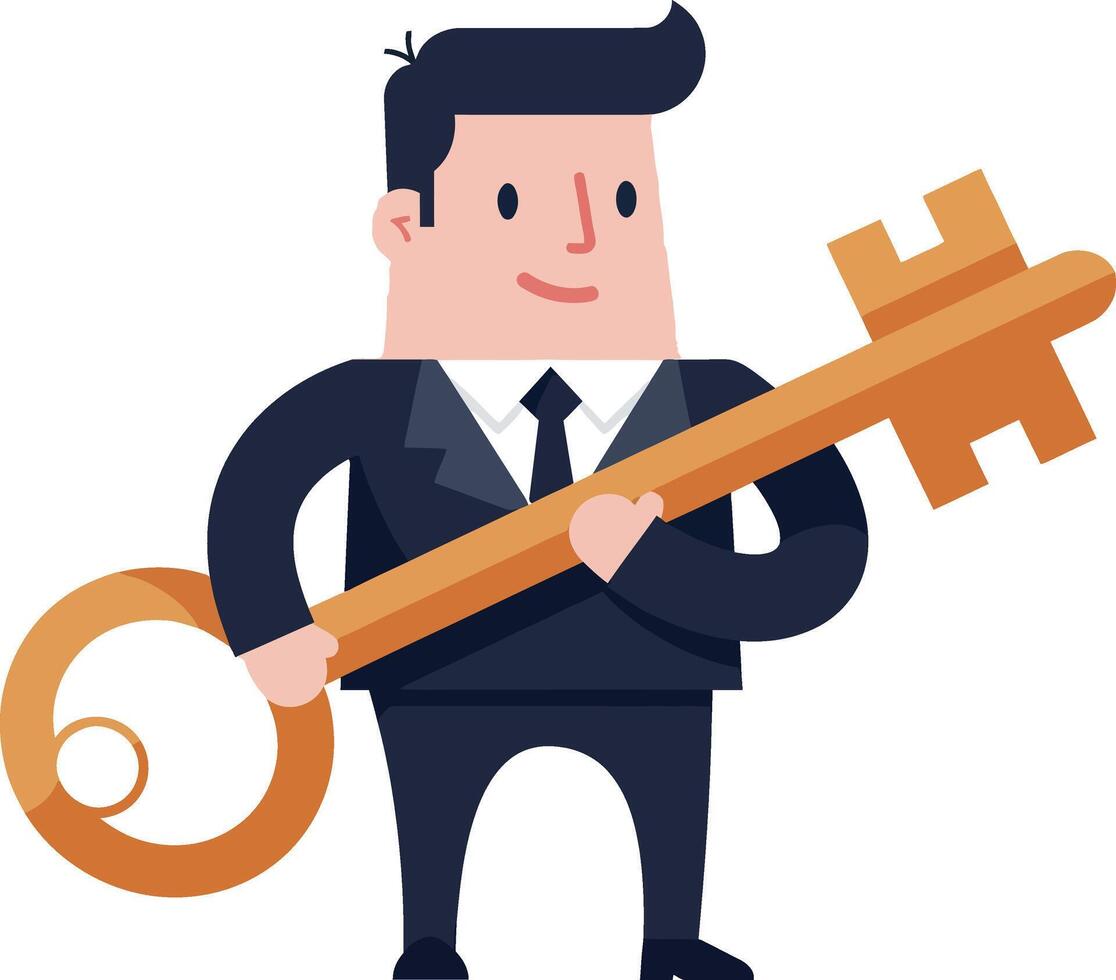 Confident businessman holding a large golden key in a minimal illustration vector