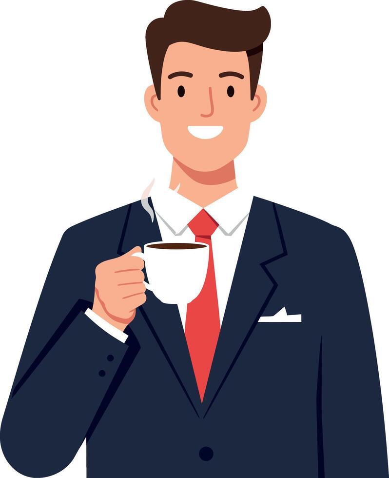 A smiling businessman in a suit holding a steaming coffee cup in a minimal illustration vector