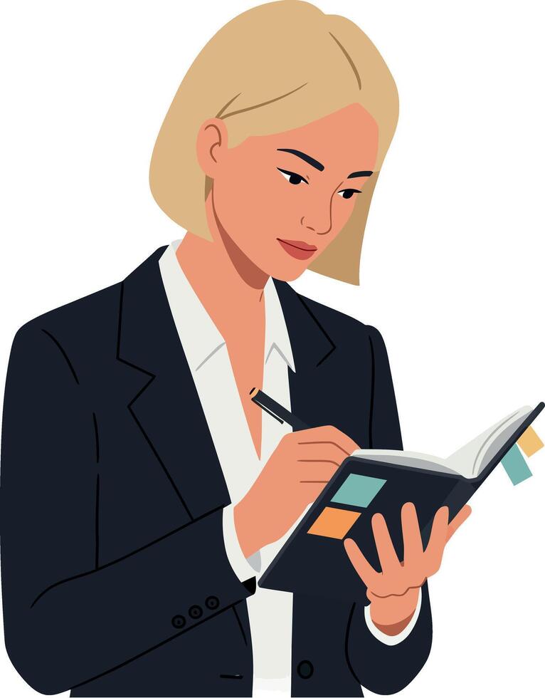 Businesswoman in a stylish suit writing notes in a notepad, flat illustration vector