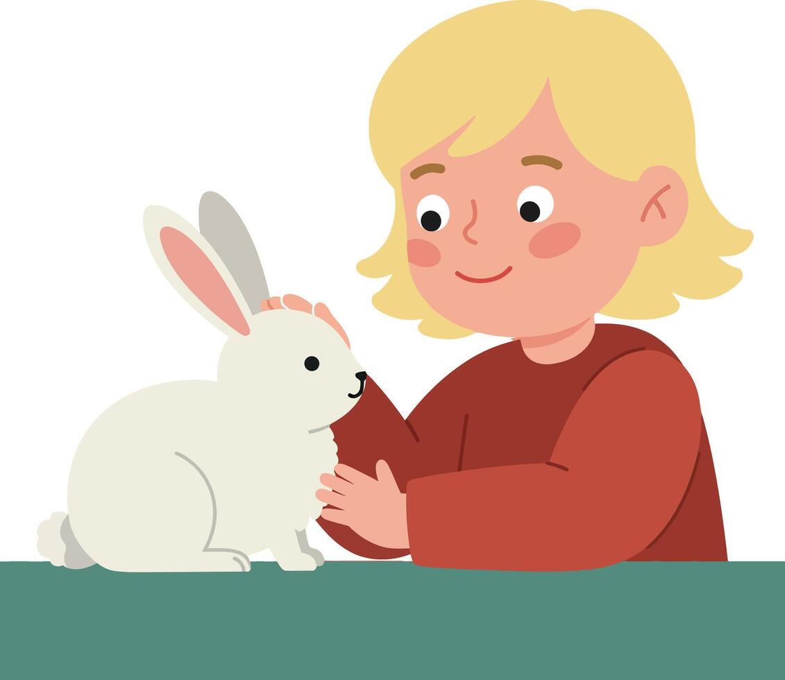 A young child gently petting a fluffy white rabbit in flat art vector