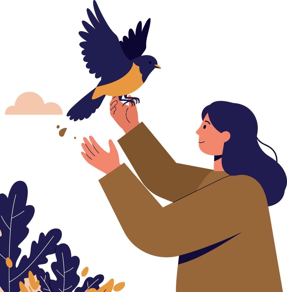 A woman joyfully interacting with a bird in a flat illustration surrounded by foliage vector