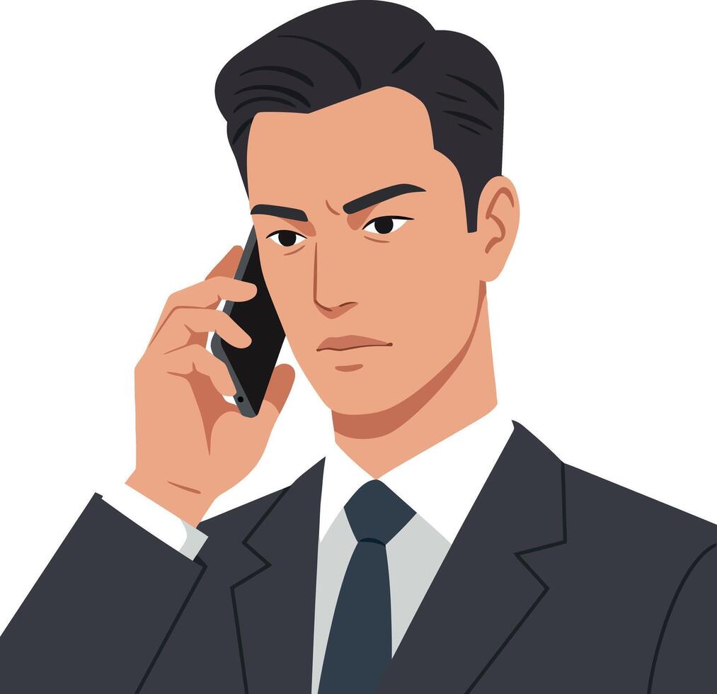 Professional businessman in a suit talking on the phone in a minimal illustration vector