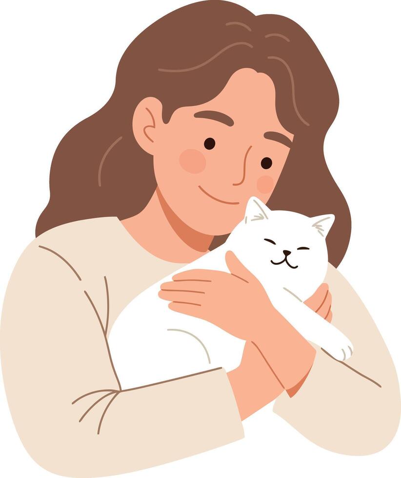 A woman lovingly cradling a cute white cat in a minimal flat design illustration vector