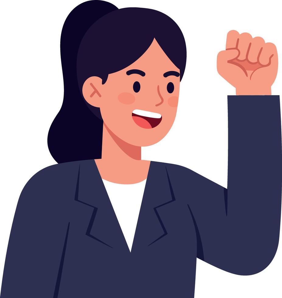 Confident woman in business attire smiling and raising her fist in a flat illustration vector
