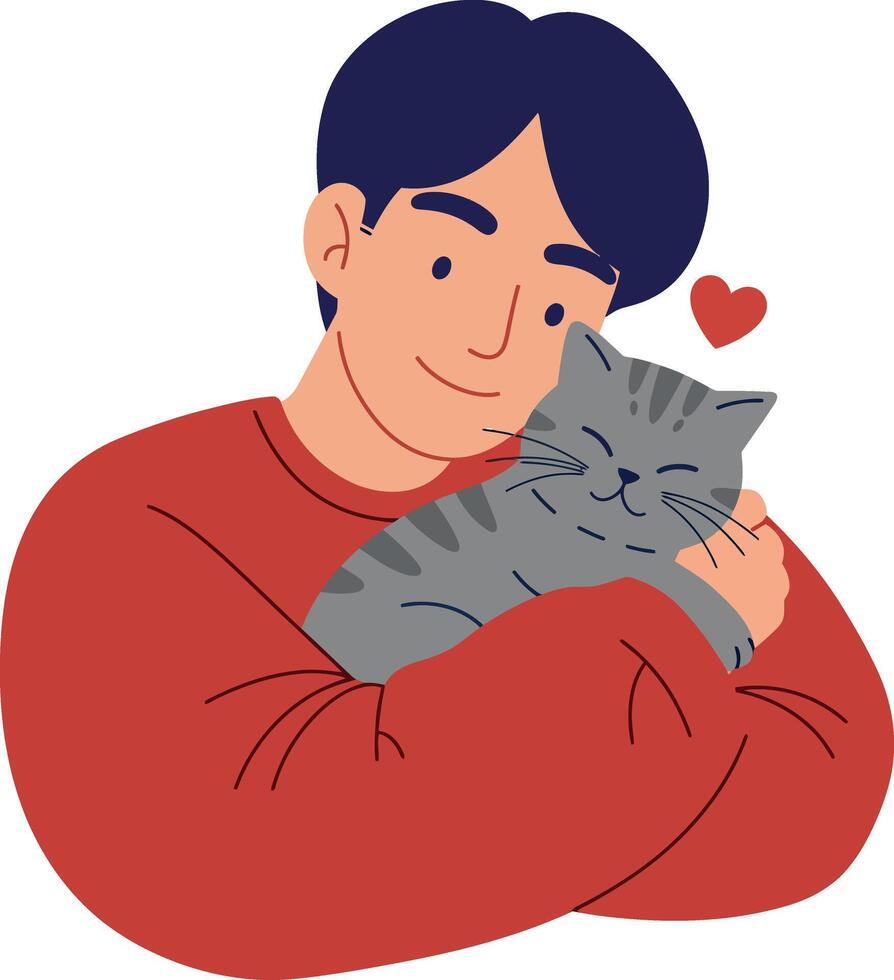 A young man joyfully hugging a grey cat in a minimal flat illustration vector