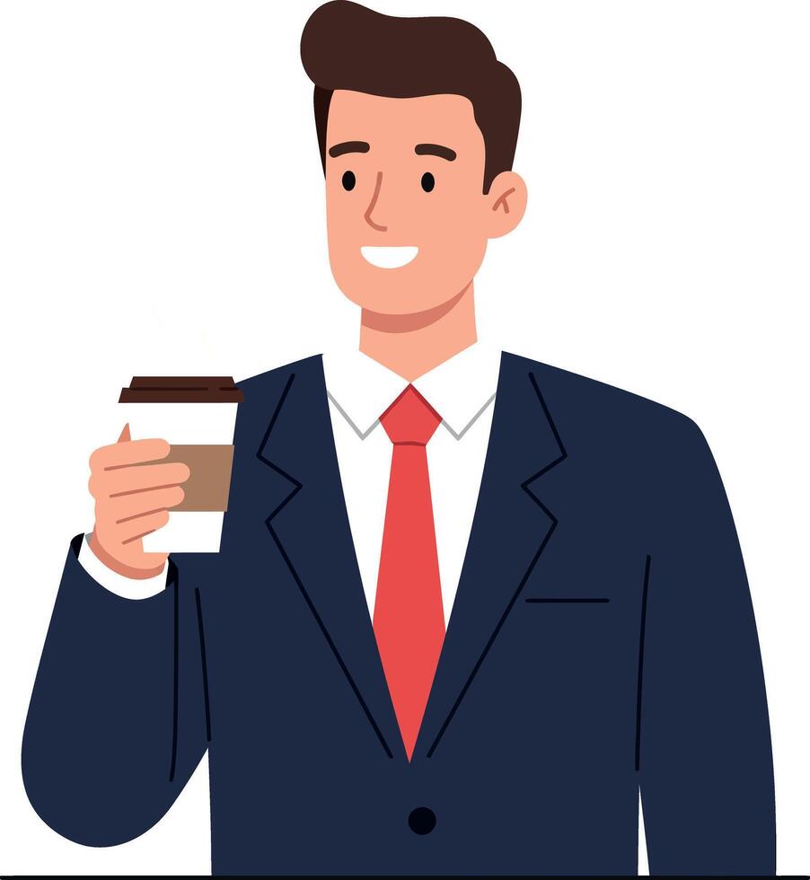 Professional man in suit smiling while holding coffee cup in flat art vector