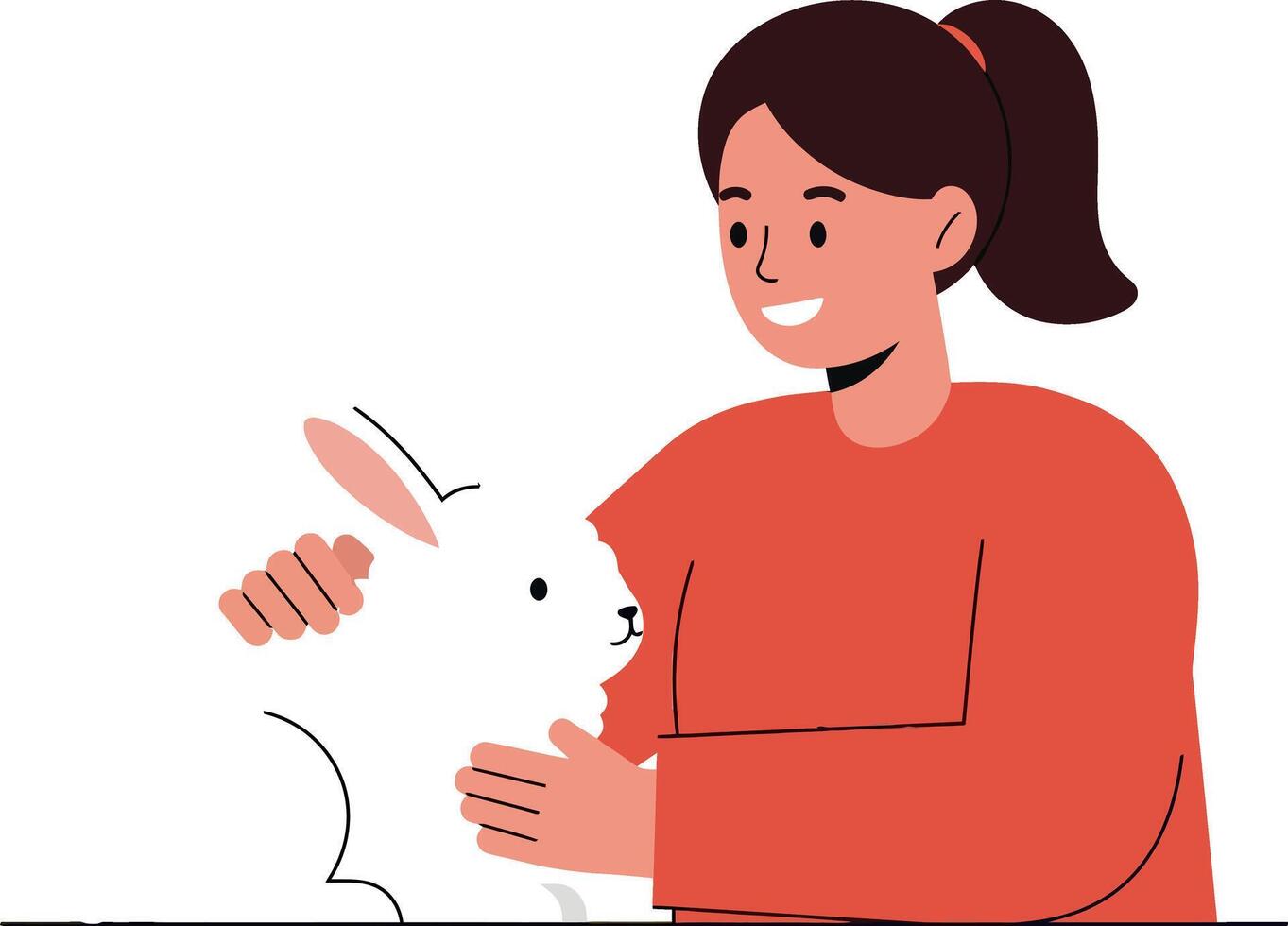 A cheerful girl gently holding a white rabbit in a minimal flat design illustration vector