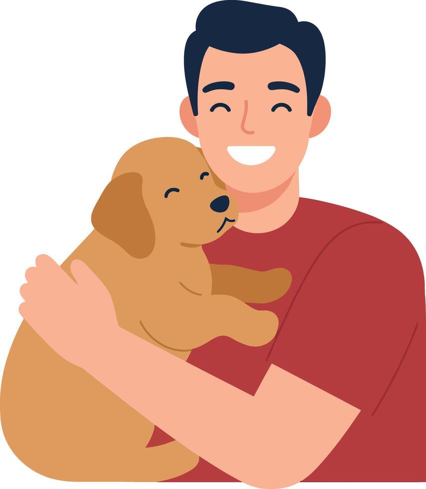 Happy man embracing a playful puppy in a flat, cheerful design illustration vector