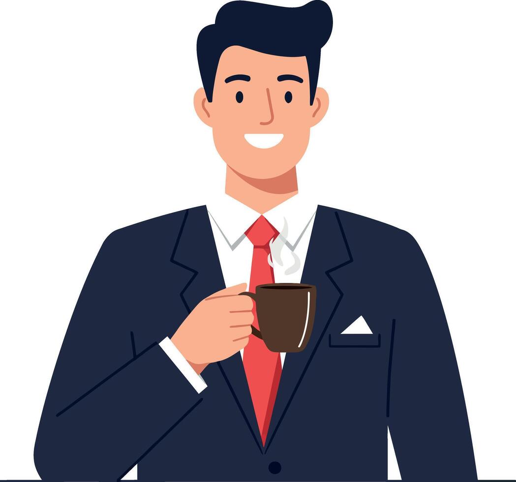 Professional man in a suit holding a coffee cup in a cheerful flat illustration vector