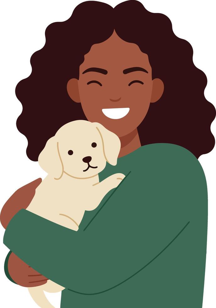 Happy woman holding a playful puppy in a cozy flat design illustration vector