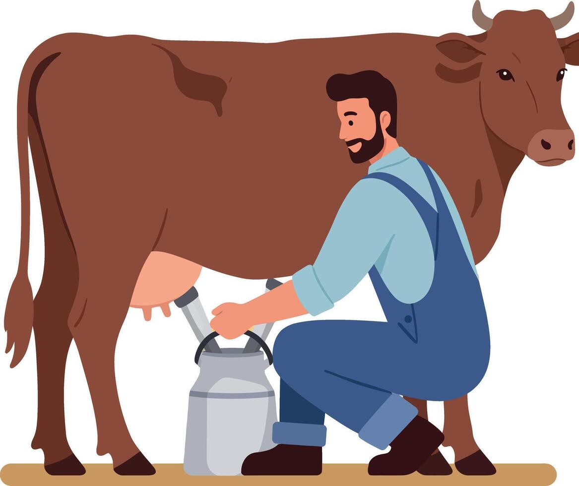Farmer milking a brown cow in a flat illustration style showcasing rural life and agriculture vector