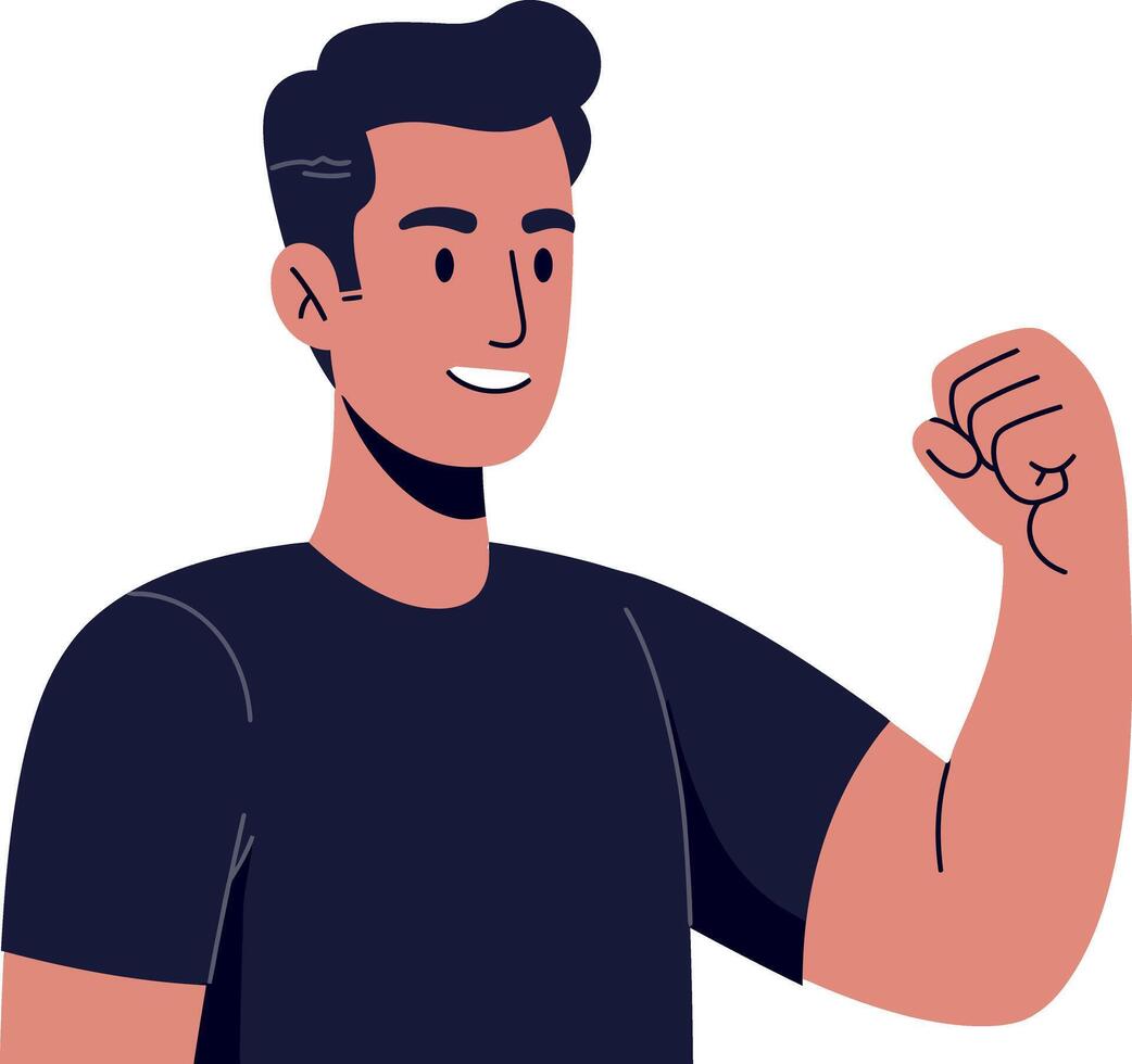 Young man in a black shirt smiling and raising his fist in excitement flat illustration vector