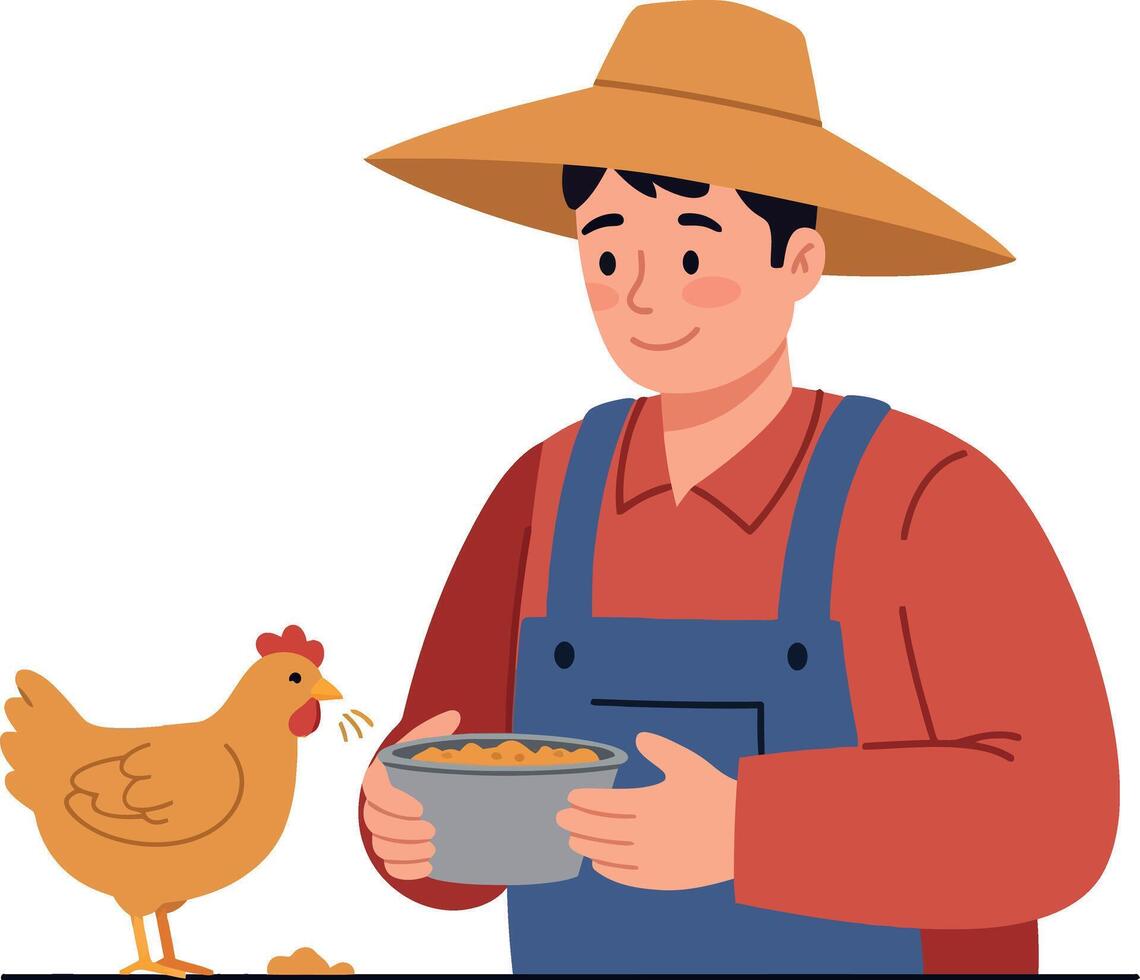 Farmer in straw hat feeding chicken with bowl of grain in flat illustration vector