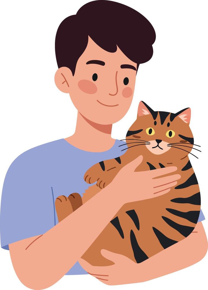 Young man smiling while holding a striped cat in a flat illustration vector