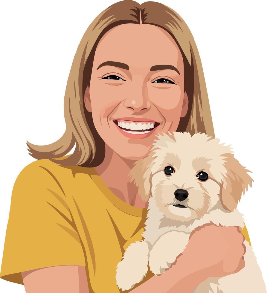 Happy woman in a yellow shirt holding a fluffy white puppy in a flat illustration vector