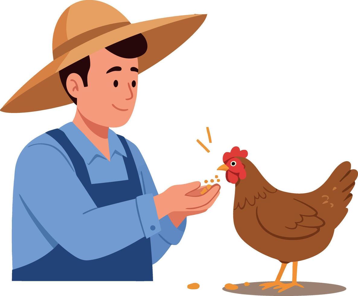 Farmer in a straw hat feeding a brown hen in flat art vector