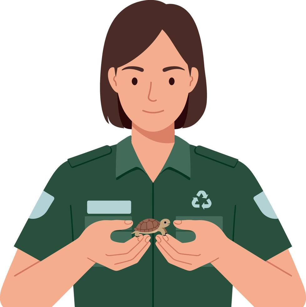 Conservationist holding a small turtle in hands, flat illustration depicting environmental care and wildlife protection vector