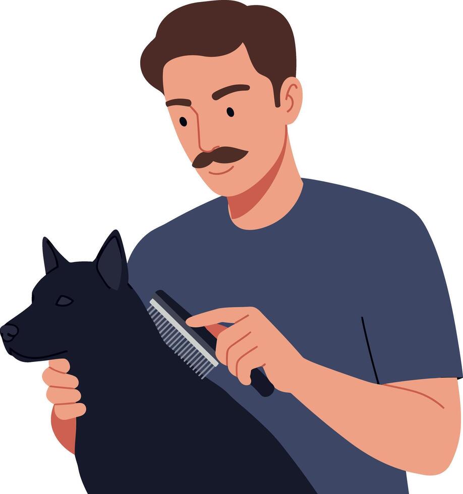 A man grooming a black dog in a flat illustration showcasing care and companionship vector