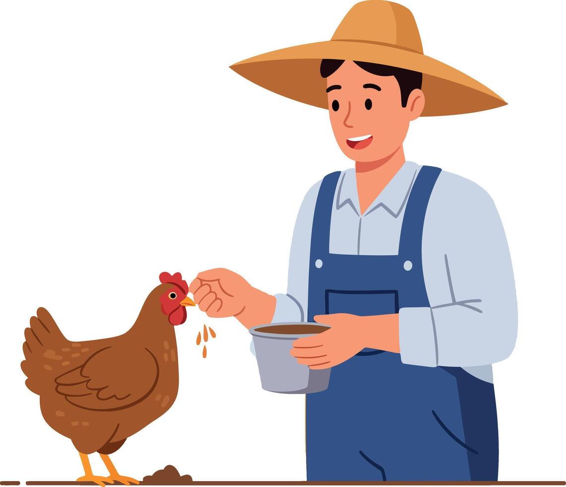 Farmer in blue overalls feeding brown chicken in flat illustration vector