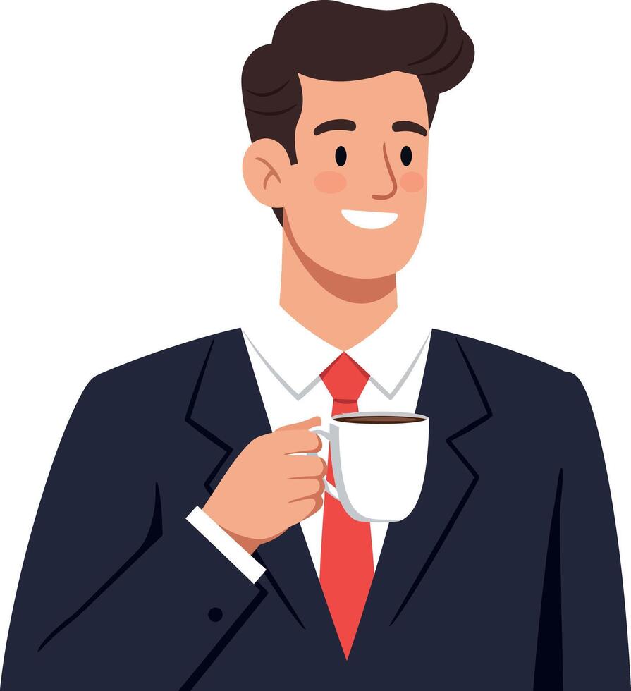 Businessman in a suit holding a coffee cup with a smile in flat illustration vector
