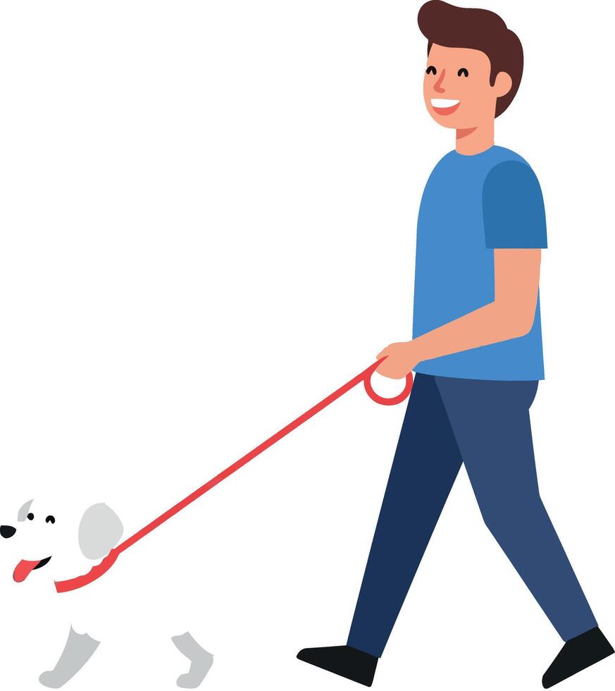 A cheerful man walking a small white dog on a leash in a flat illustration vector