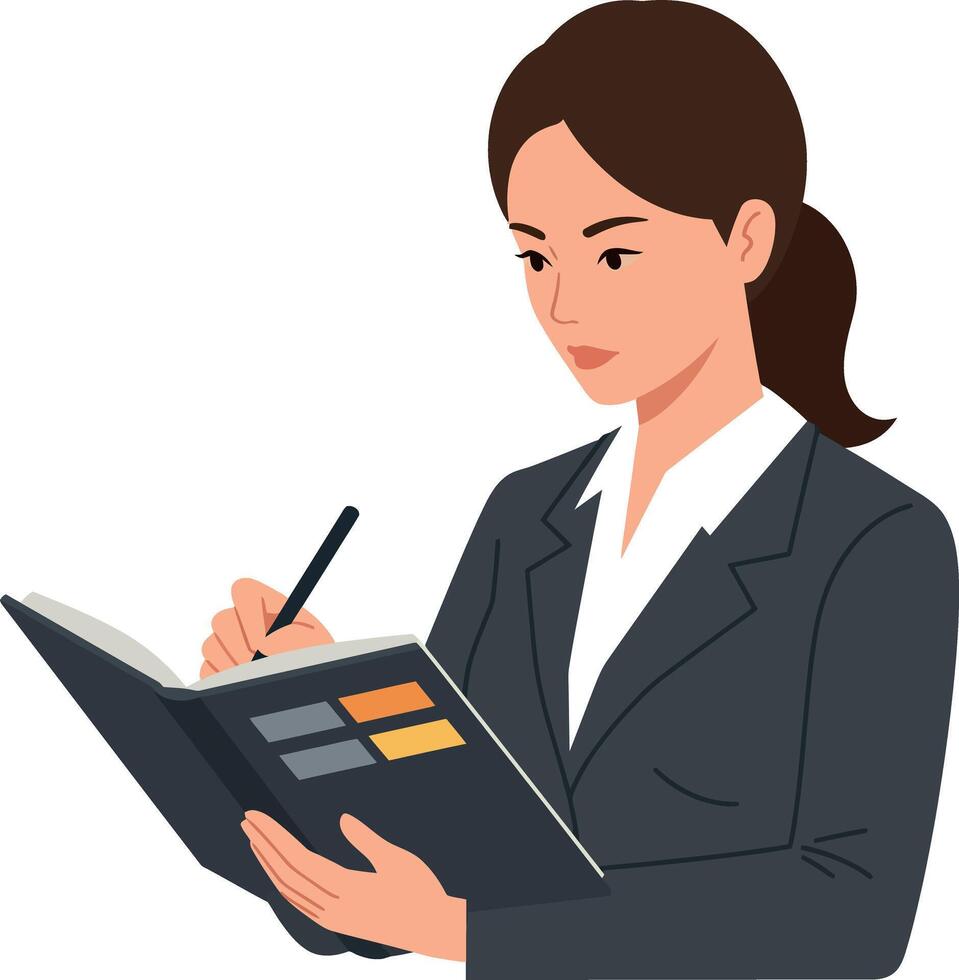 Businesswoman in a sleek suit writing notes in a notebook, flat illustration vector