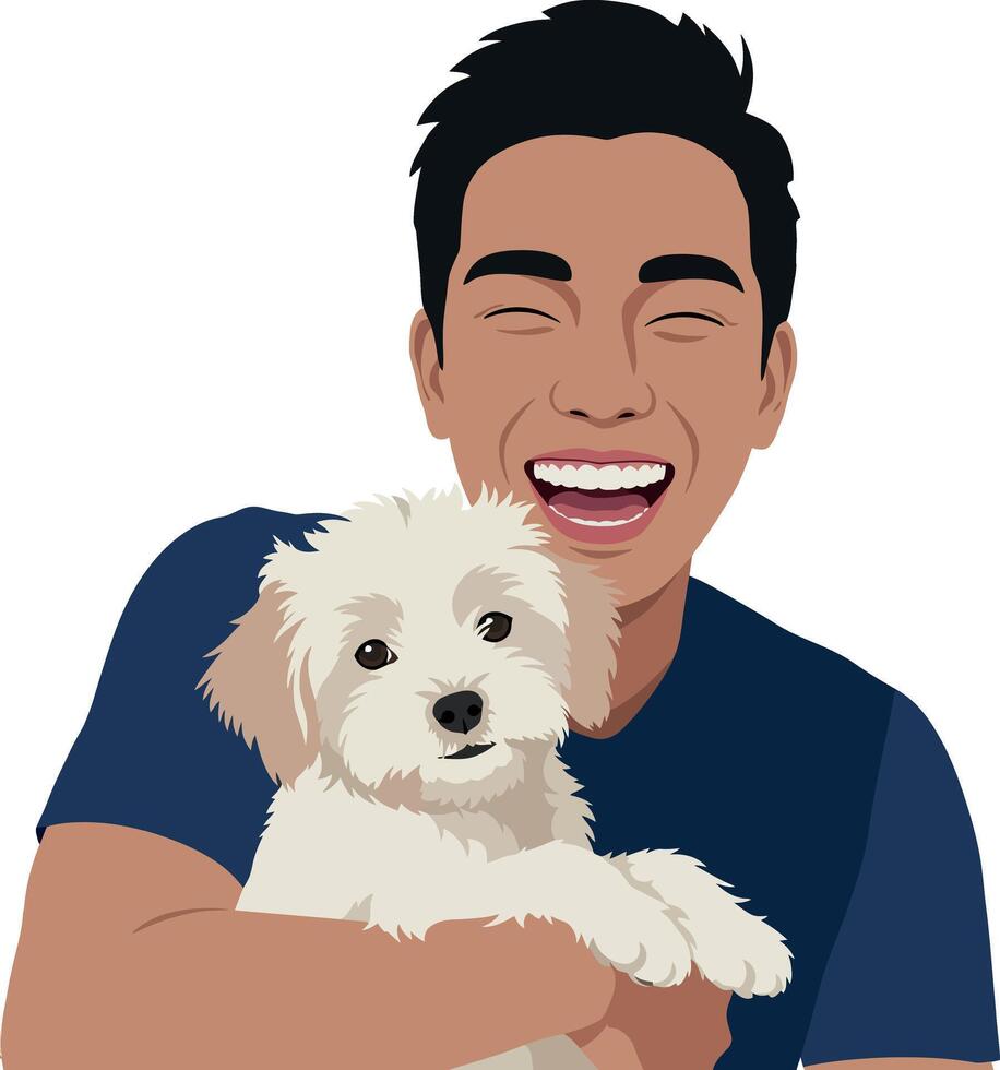 A smiling man holding a fluffy white dog in a cheerful flat illustration vector