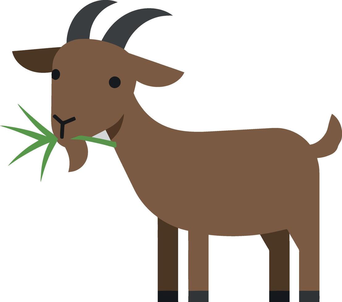 Playful brown goat with green grass in mouth in flat art style vector