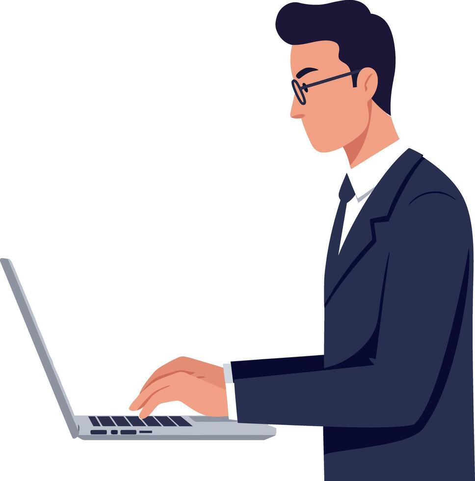 Businessman wearing a suit typing on a laptop in a flat illustration vector