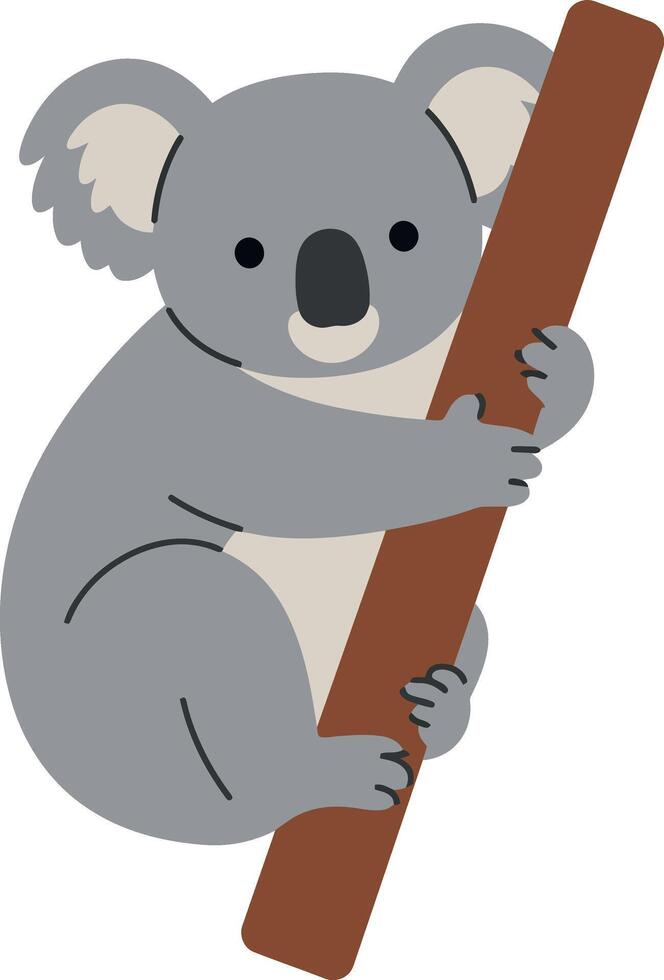 Cute koala bear hugging a brown branch in flat art style vector