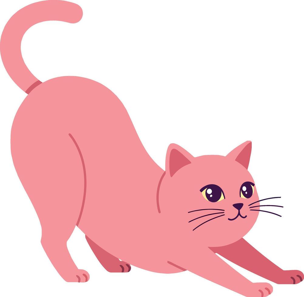 Playful pink cat stretching in a minimal flat design style illustration vector