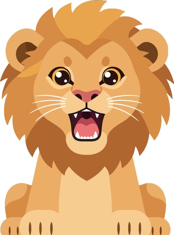 Cheerful lion with a fluffy mane in a flat art style, showcasing vibrant colors and a playful expression vector