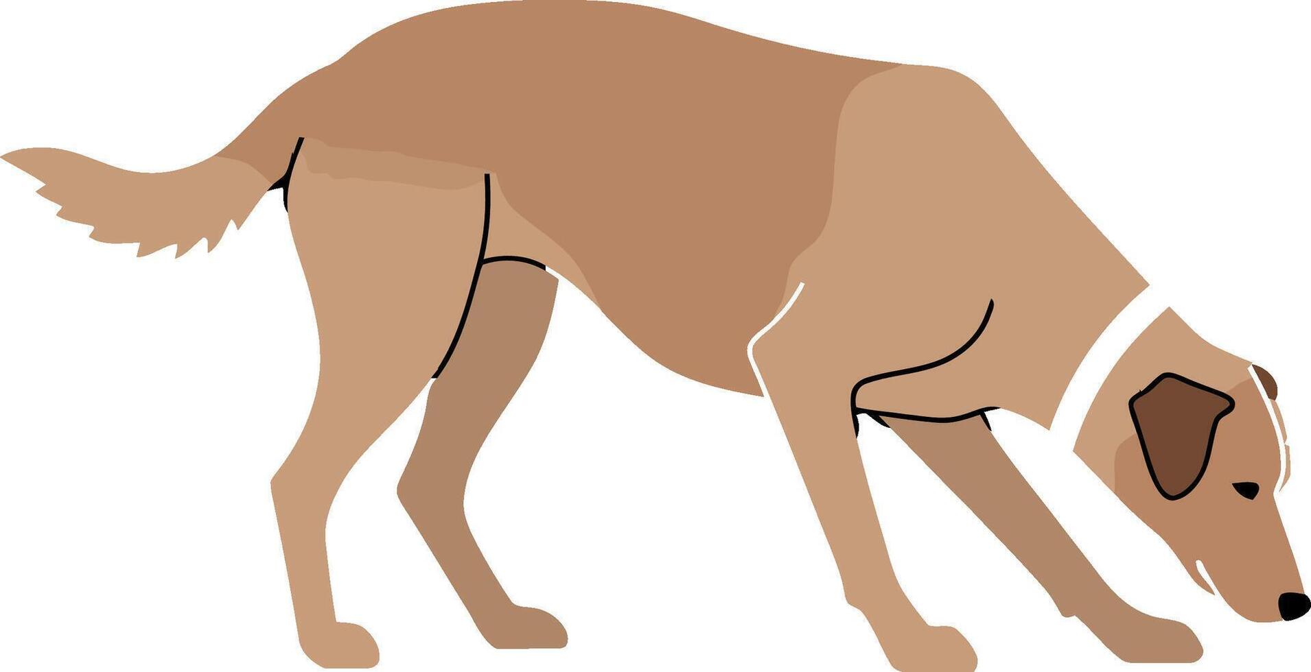 A playful brown dog sniffing the ground in a minimal, flat illustration vector
