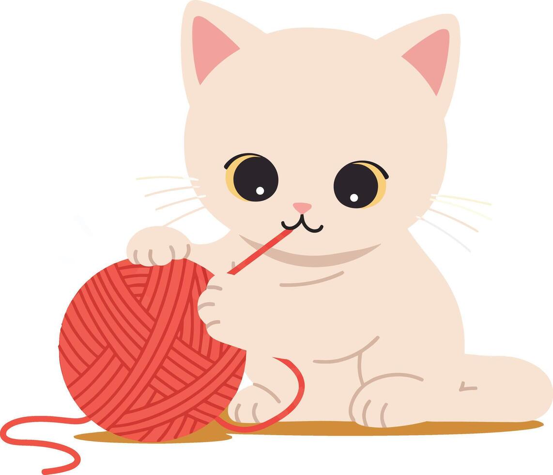 Playful kitten with red yarn in a minimal, cheerful style illustration vector