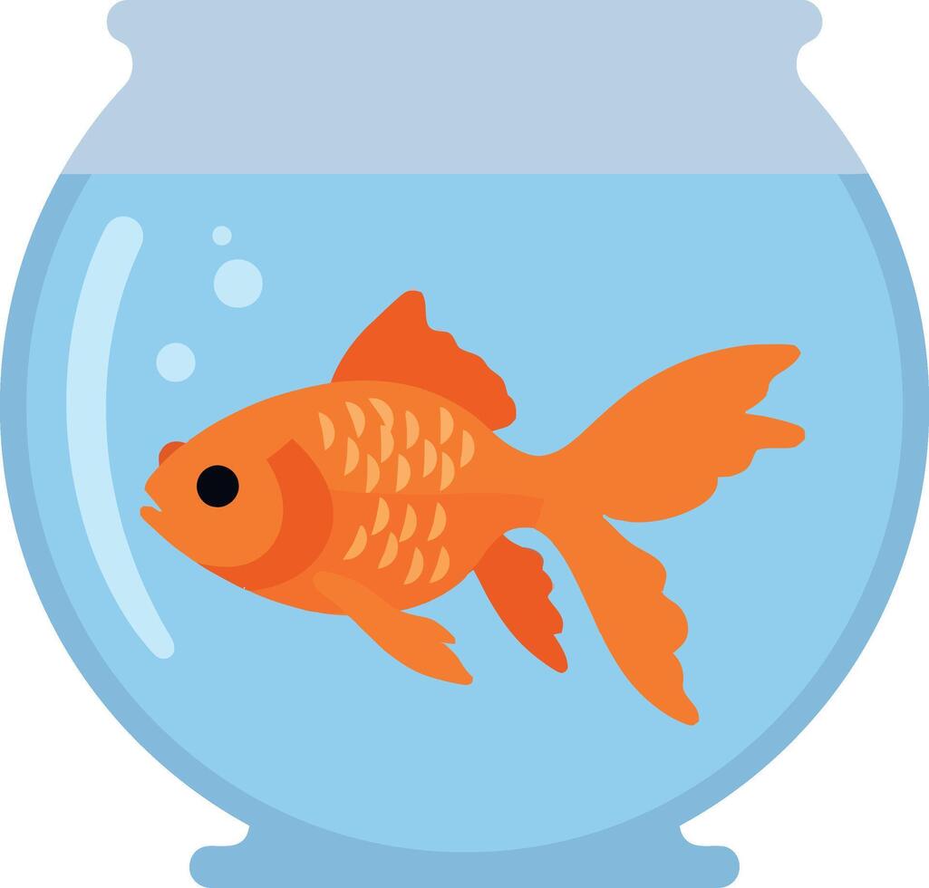 A vibrant orange goldfish swimming gracefully in a clear bowl featuring flat art vector