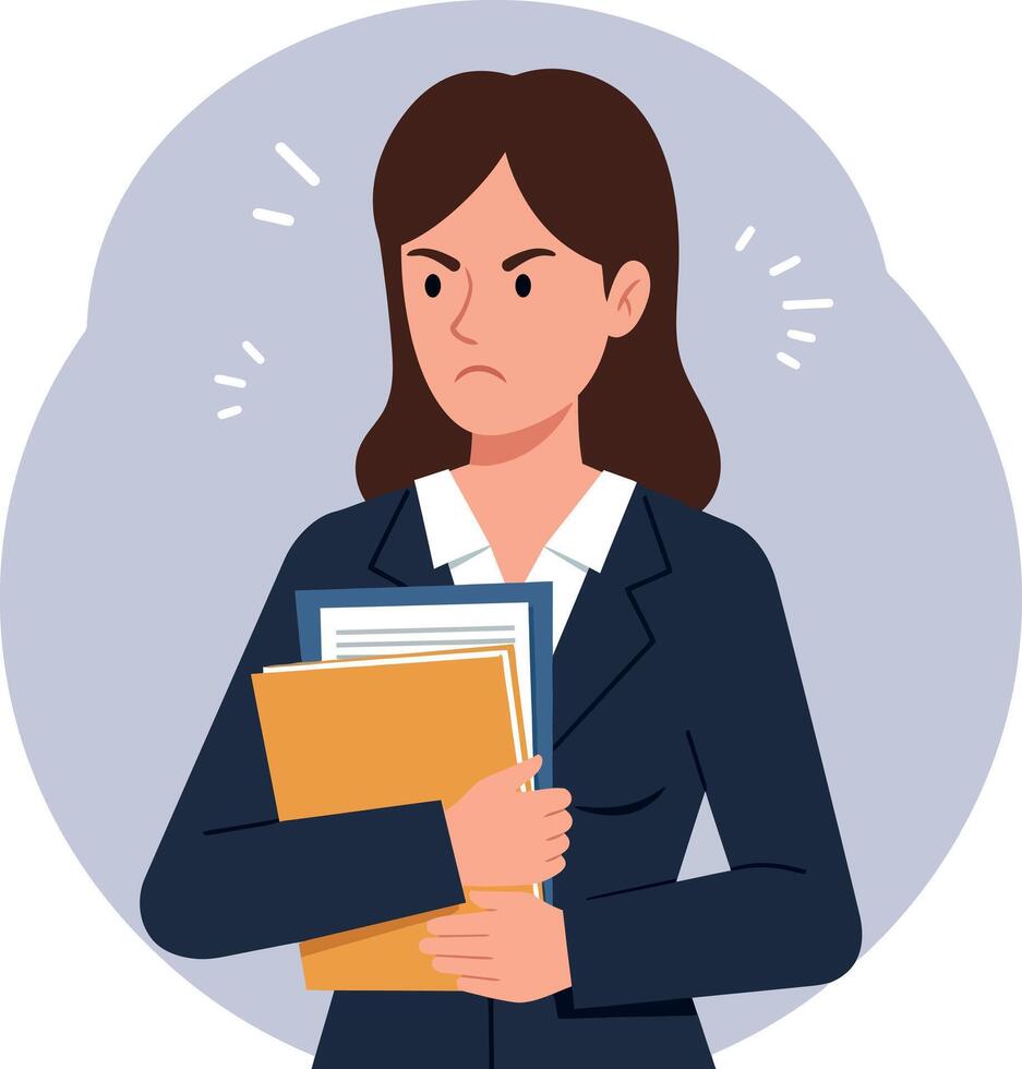 Professional woman holding folders with a serious expression in a flat illustration vector