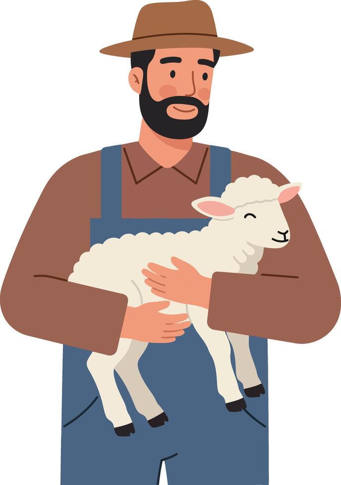 Farmer holding a gentle sheep in a flat illustration depicting rural life and agriculture vector
