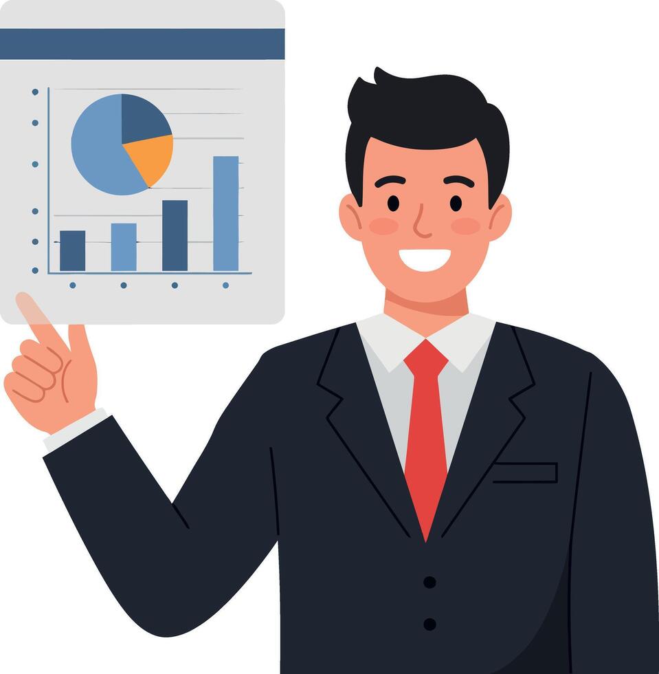 Professional man in a suit presenting business charts in flat art vector