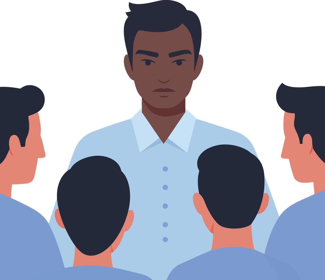 A confident man leading a discussion with four attentive colleagues in a minimal illustration vector