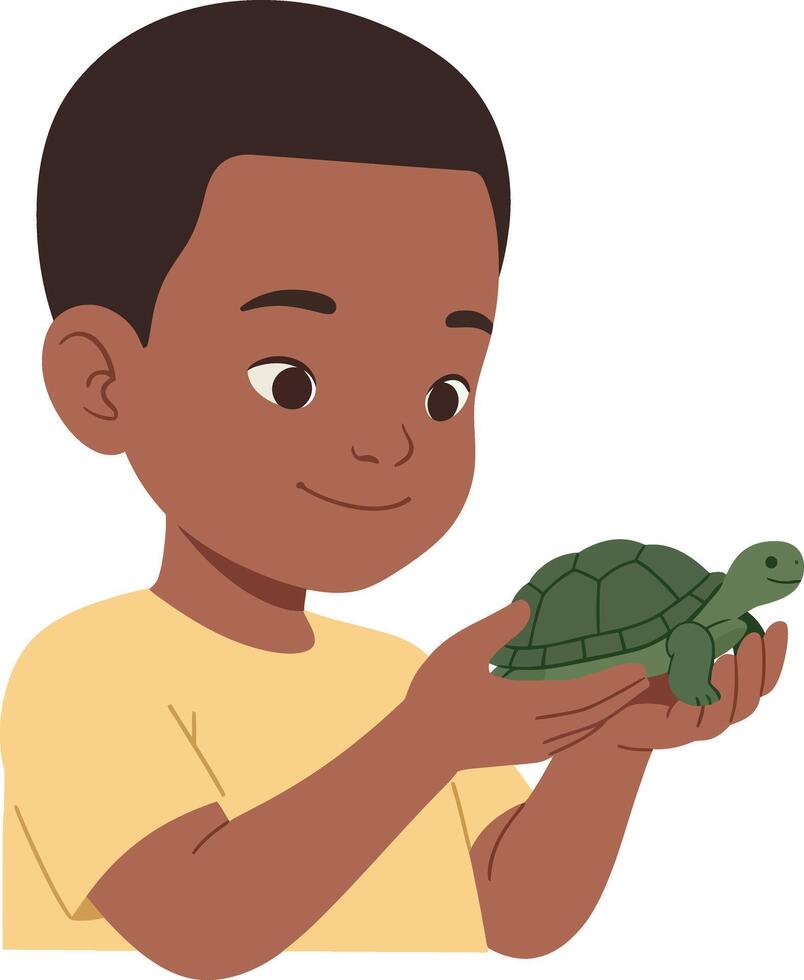 A cheerful boy holding a small green turtle in a flat illustration vector